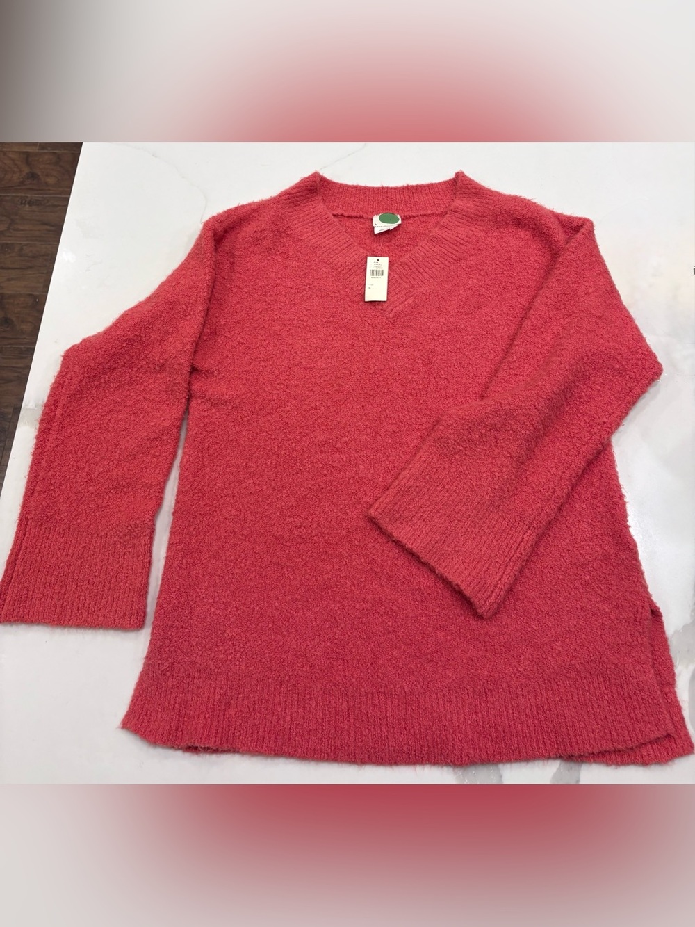 Anthropologie Pink/Coral V-Neck Cozy Textured Knit Sweater, Sz Large NWT